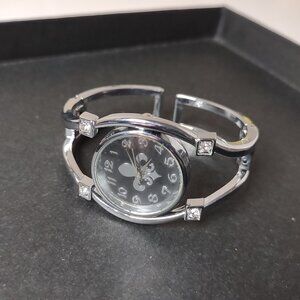 6 Inch Black And Silver Tone Fleur De Lis Metal Cuff Watch